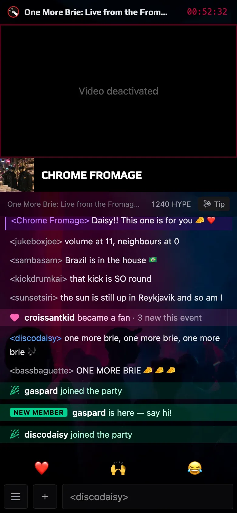 The live page of a Chrome Fromage event, with the chat beside the video