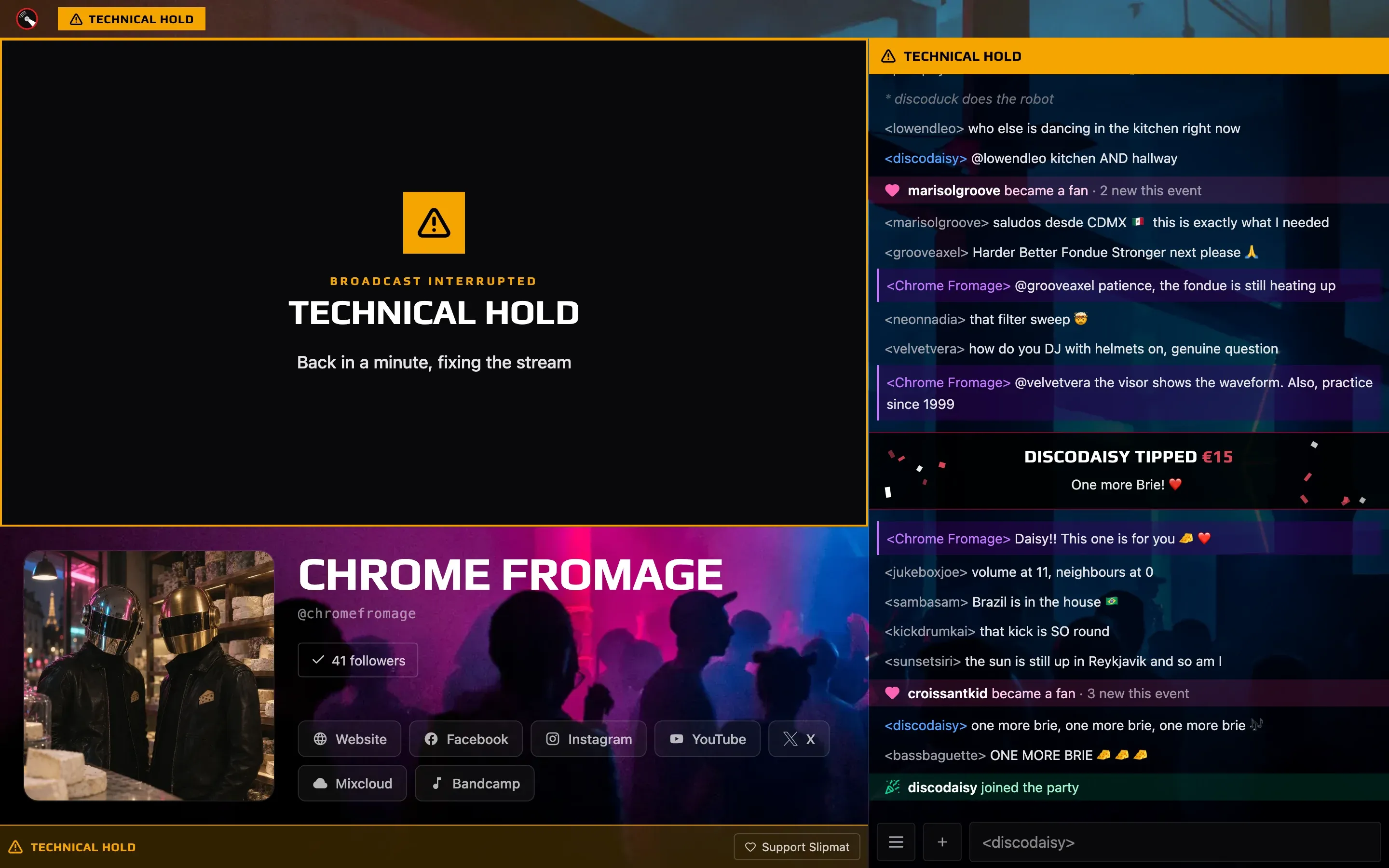 The live page on technical hold, with the artist's message over the video