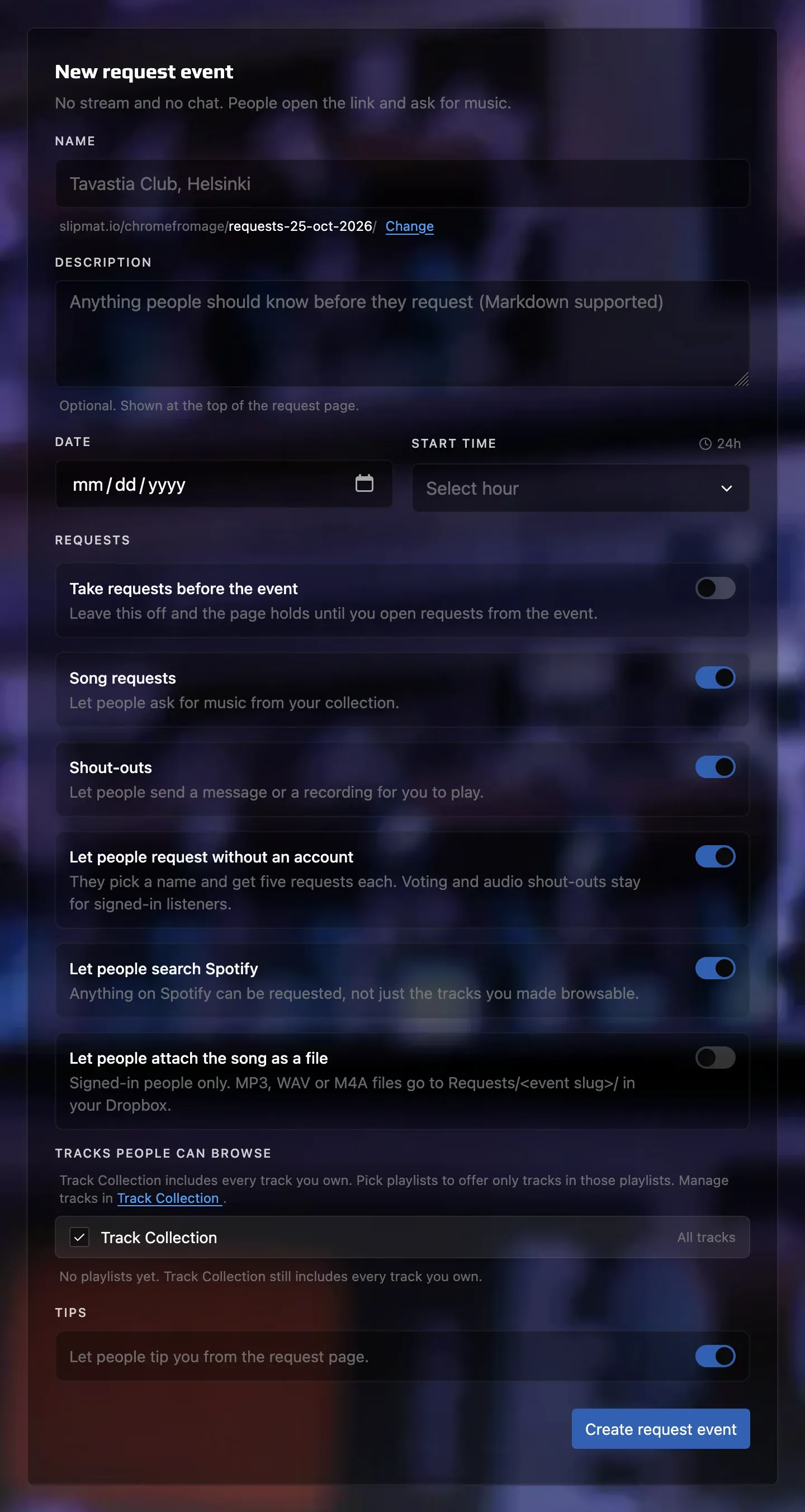 The form for a new request event