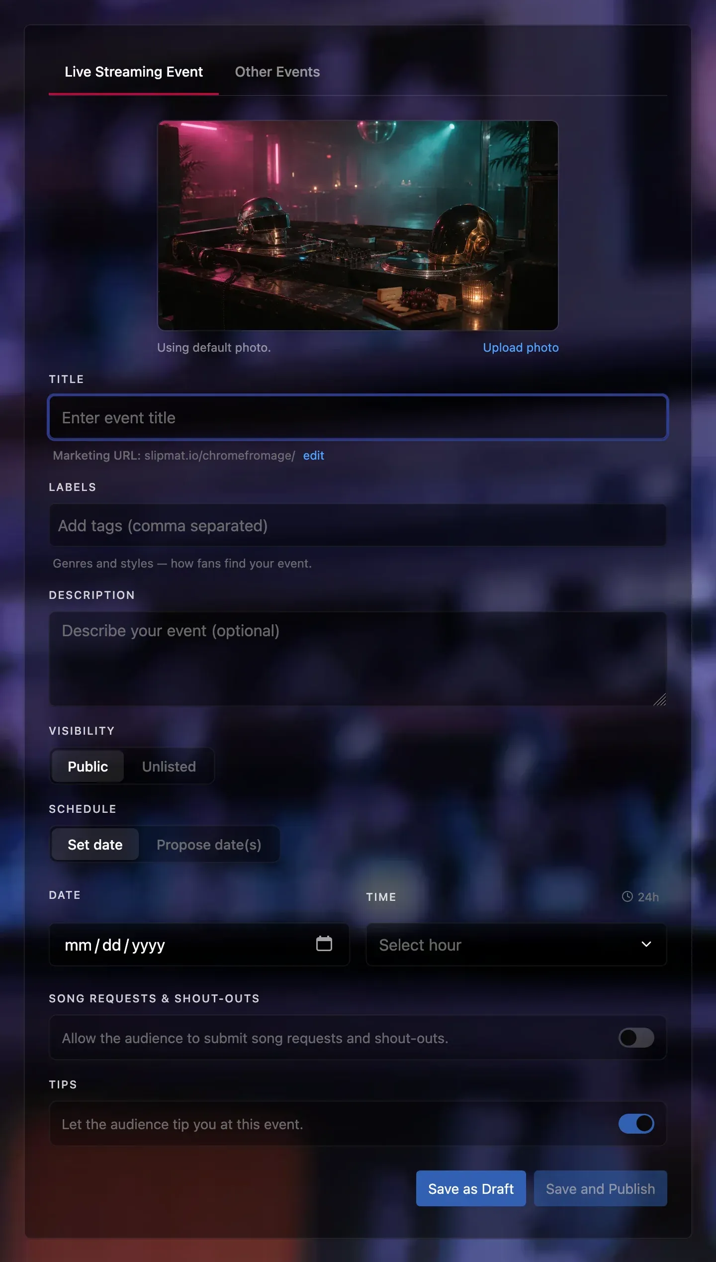 The Schedule Event form for a live streaming event