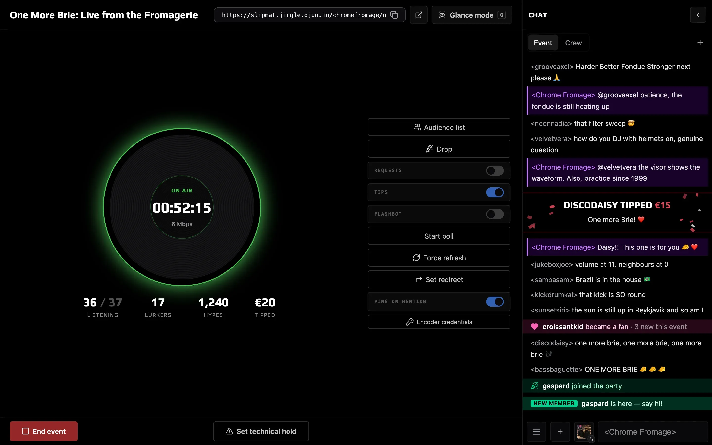 The Stream Dashboard during a live event